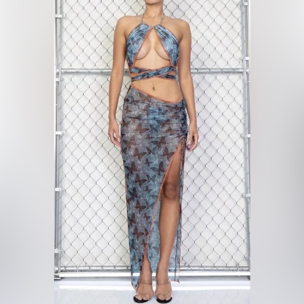 3 Piece Beach Cover Up Set Semi Sheer Butterfly Chain Print String Panty Skirt